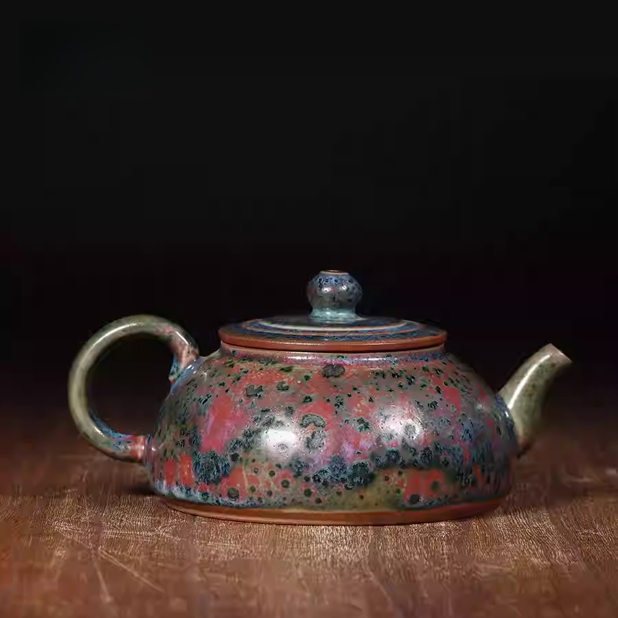 钧瓷半月壶 正玉铜彩春花釉泡茶壶钧窑窑变